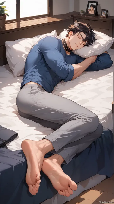 1boy, WRIOTHESLEY (//genshin impact//) , dark hair, muscular, wearing casual outfit, sleeping in bed, absurdres, highquality, black neck choker, barefeet,