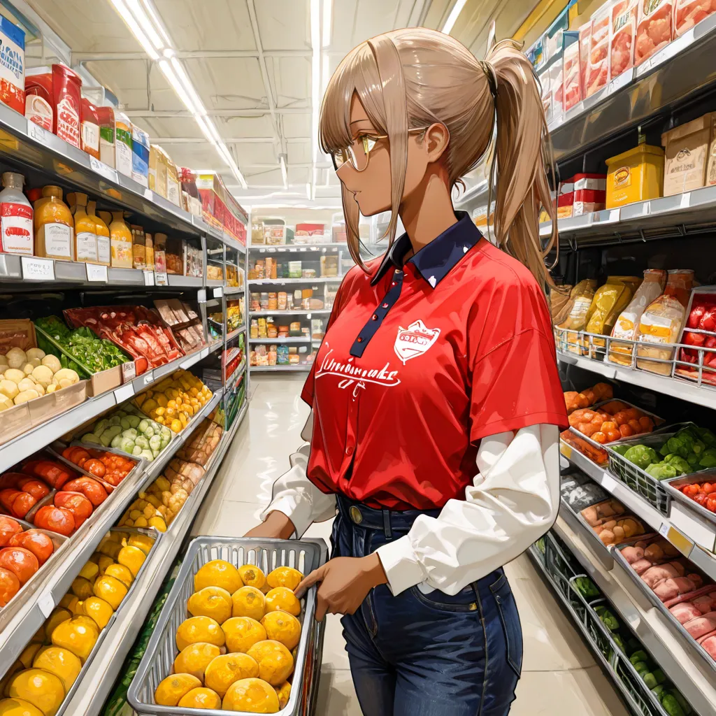 In a market, lit by white lights and organized with shelves with products in the background, a young adult of 23 years old is working in the food section, carefully organizing the products. Her brown skin, in a slightly darker and tanned tone (brown people...