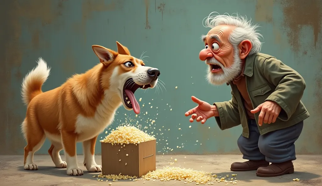 A dog barked continuously at the rice box. The old man stood nearby with his eyes wide open and his hand pointed at the box with a surprised look.