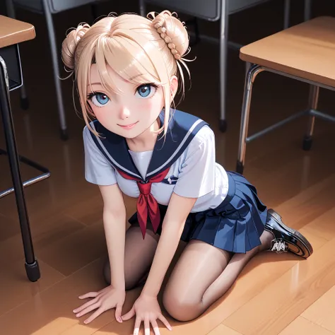 Realistyczne jęcie Realistic Realistic photo girl one with a perfect hairstyle with a messy bun.school uniform European school prv school kneeling on floor front , 4k, hands on floongers on floor looking on floor a girl with her legs spread wide, , is dres...