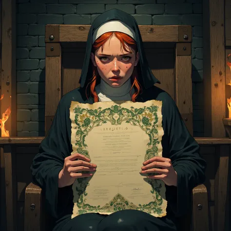 Beautiful 21 year old English nun, crying, red hair, sitting in heavy wooden chair in a torch lit dungeon. She is tightly squeezing her large fancy modern religious certificate with green and gold details against her body, crumpling the certificate