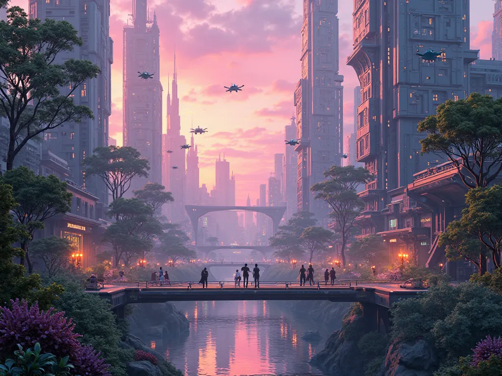 Image of a futuristic city in the late afternoon, covered by trees, Life, purple neon background 