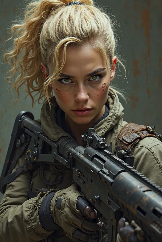 A woman with a blonde rifle with curly hair
