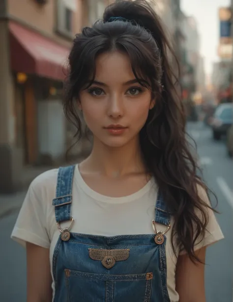 a photo of pho3b3cat3s, beautiful woman, ((24 years old)), street, tshirt, denim overalls, 1980s, retro, long wavy dark hair ponytail, (masterpiece), (extremely detailed CG unity 8k wallpaper), Intricate, ((photorealistic)),