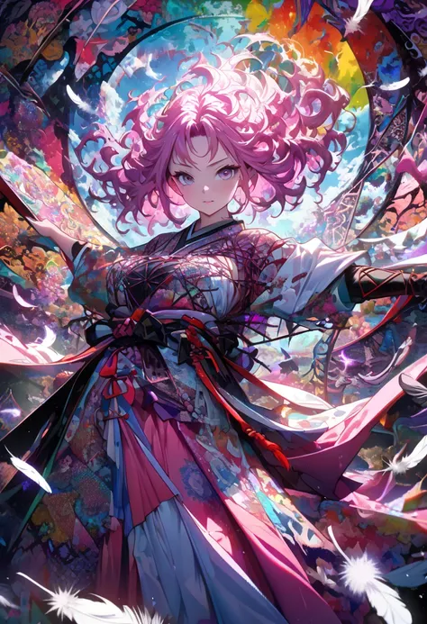 ((Female Samurai, Samurai, Bust up, Girl in fluid and dynamic pose, Loose, flowing pink dress, Mysterious expression, Black and pink curly hair, Modern abstract setting, Bold colorful abstract art, Bright lighting, (Zen tangle, Mandala, Tangle, Entangle), ...