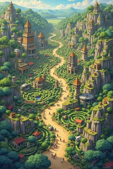 Create a, In Cartoon style, Let it be an aerial view of a large labyrinth, Inside it there are farms, abandoned ancient cities and ancient temples