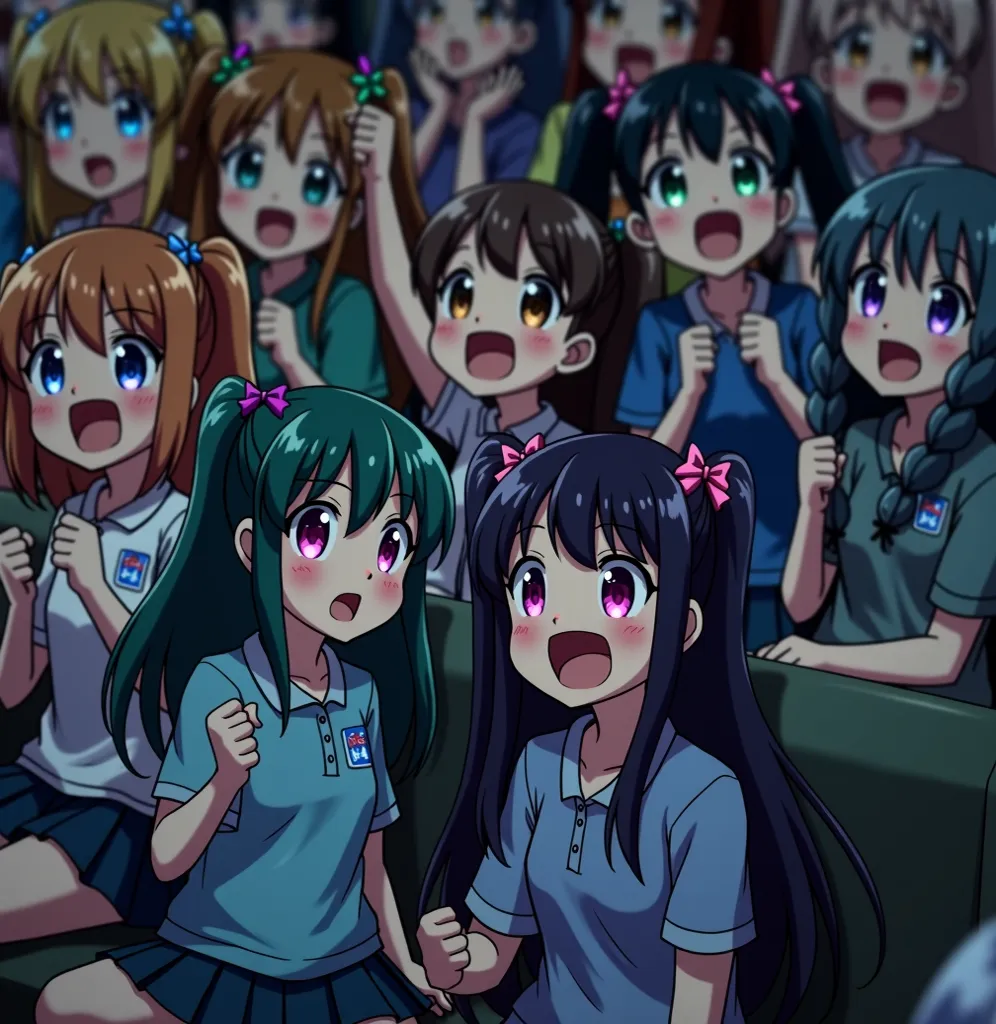 7-year old girls sitting and screaming at the tournament in casual wear with Twintails, Purple Eyes, Hair Ribbon, Hair Bow, Ponytail, Hairband, Hair Clip, Long Hair, Blush, Short Hair, Brown Hair, Black Hair, Red Hair, Blunt Bangs, Medium Hair, Hair Bun, T...