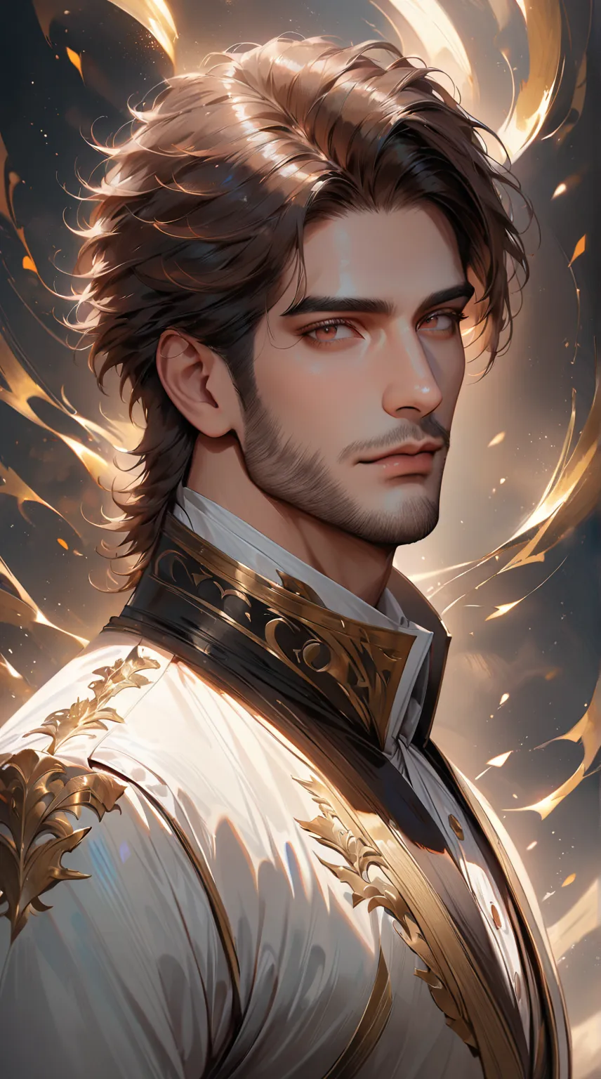 (absurdres, highres, ultra detailed, realistic, ), 1 male, solo, adult, mature, lean, handsome prince, handsome, very short hair, brown hair, brown eyes, white button up shirt, black pants, upper body, beautiful, looking at the viewer