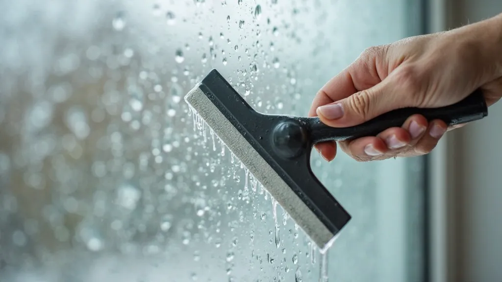 A close-up of a hand firmly gripping a squeegee, gliding it across a wet glass window, leaving a clear, streak-free surface behind. Water droplets are visible on the edges, emphasizing the cleaning process.
