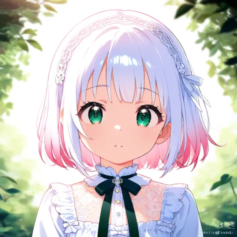 short hair、 pink hair、 green eyes、white dress、 bow tie、 white hair band