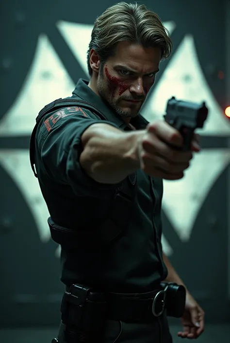 imagem fiel do ator Josh Holloway sem barba e vestido com traje "Leon Kennedy" from tEle game "Resident Evil 2 Remake", Ele tem uma arma na mão e a aponta para a frente, sério, imagem detalhada, Ele is inside a closed private room with ultra futuristic LED...