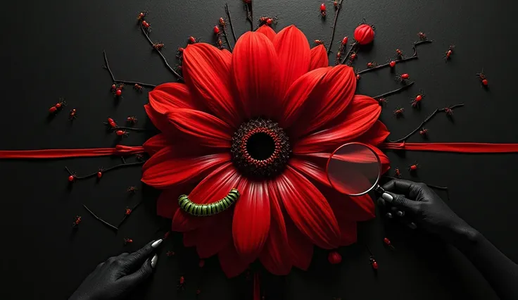 The image is a digital work of art that looks like a photograph of a large red flower growing out of a large target in a house. The flower is in the center of the image, and at the edge, female eyes are visible in the semi-darkness. The crack has a complex...