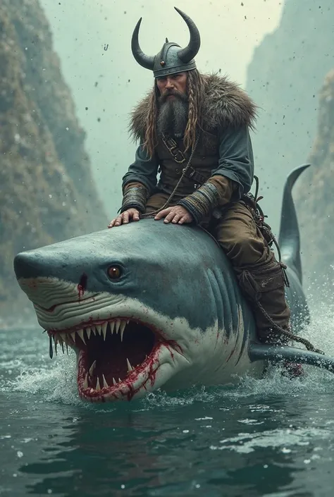 Pirate with viking looks riding a shark in a surrealism way, the shark is ride by two fishing hooks, please add scars to the shark and blood