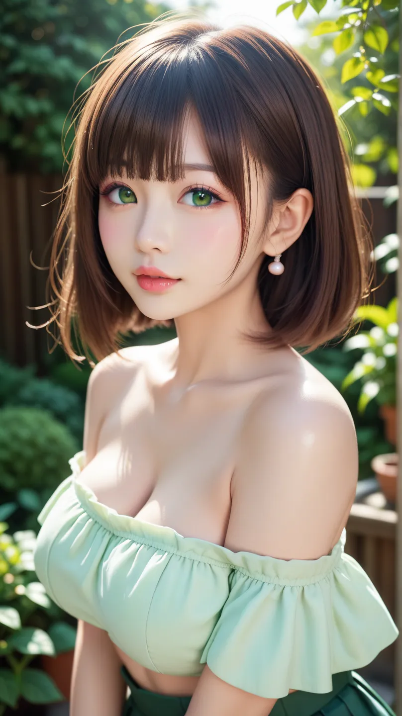 yuichan, 1girl, japanese girl, natural lighting, masterpiece, highly detailed, 8k, absurdres, high quality, (large breasts), beautifu detailed eyes, big eyes, short brown hair, bangs, glossy lips, no makeup, garden, round face,
pink Off-shoulder top, 
gree...