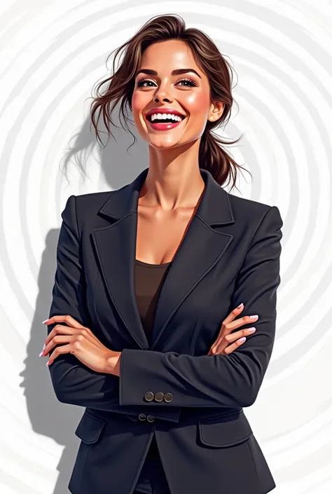 Single woman real estate agent, professional attire in dark tones, joyful expression, captivated demeanor,hexadecimal color #ffc907 and #0f2b57 with spiral curves around her, white  background, modern and sleek design, high-resolution, digital illustration...