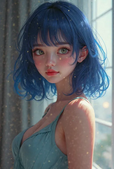 ((RAW photo), absurd, ( absurd resolution)), masterpiece, best quality, (Extremely detailed 8k Unity CG wallpaper), (beste Illustration), (best shade),  realistic lighting , beautiful detailed glow, ((21 years old)),  Japanese girl , blue shoulder length h...