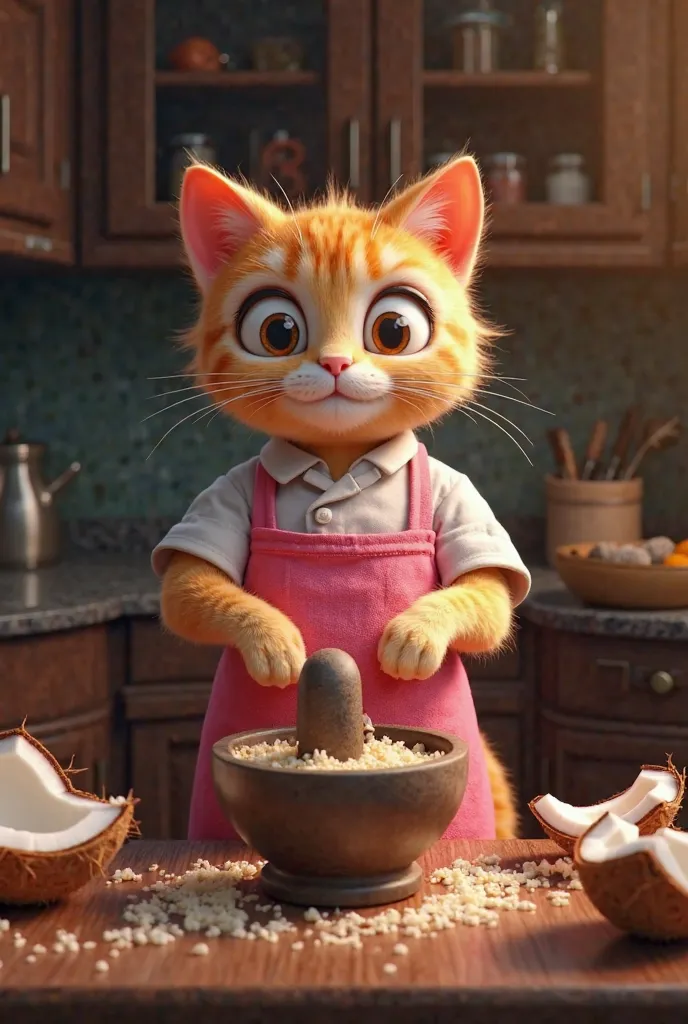 Orange ai 3d cat chef dressed  pink apren put grated coconut in to mortar in dark beautiful kitchen background as animating