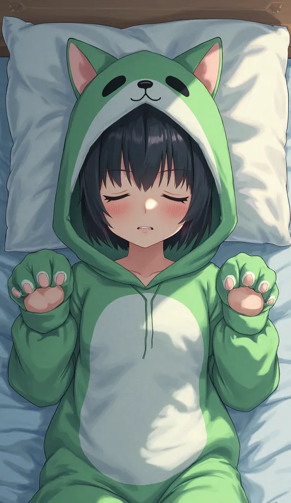  dark black hair, black eyes,hospital room bed,1 girl, high definition, textured skin, very detailed, shortcuts,Petite, Low, middle school student,No breasts,slender,green fox costume pajamas,big hood、Baggy, short hair,Mokko Moko's pajamas, Sleeping with Y...