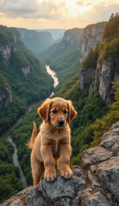 An image seen from above a golden retriever puppy is hanging onto the edge of a steep rock cliff, with its front paws gripping the rocky surface while its hind legs dangle in the air. The background showcases a breathtaking valley covered in lush green for...