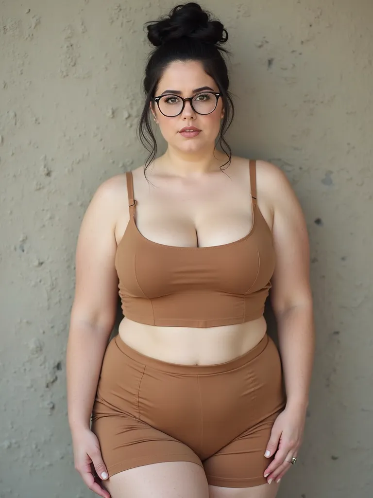 Very White curvy plump  voluptuous milf 40 years lady wearing  Sexy tight form fitting wheat Cami full tops and  a tan Skorts in front of a  wall .  celavage.  Real photo,  realism. Huge boobs with huge ass. Black tied up hair. Very White face and body. Wh...