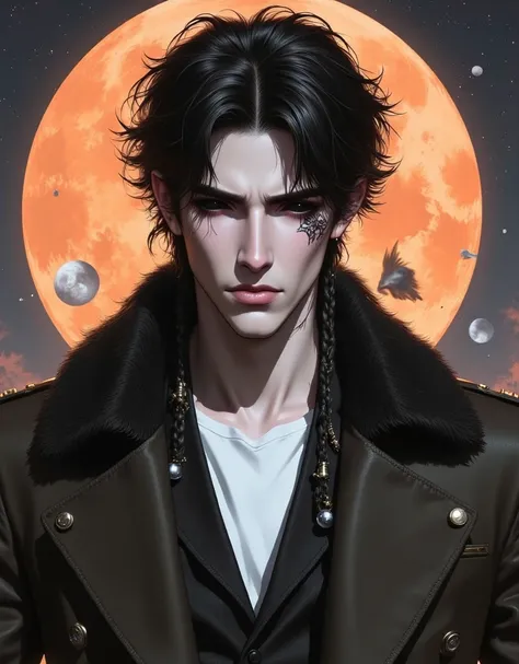 Masterpiece, best quality, highresolution. A large character portrait of a man with messy pitch black hair. His hair is decorated occasionally in braids with silver balls and raven feathers. He has fair skin skin. ((He has black sclera. His eyes are pitch ...