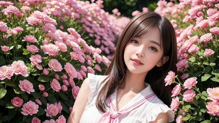 Pink Short Pleated Skirt, In the flower field，Wearing a White Sailor Suit，white shirt，(Knee shot) ,pink tie，Pink Navy Color， female 1 person, On the face,  laugh out loud,  light brown hair,  blunt bang, Hair behind the ear,  shoulder-length hair ,  long h...