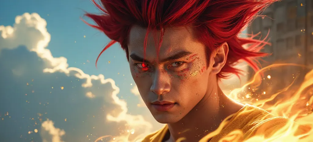 Dragon Ball Super Saiyan Demon, Exquisite and Delicate Super Saiyan Portrait,Top quality,Full of power and emotion,Intense light contrast,Red hair flowing,Red Eyed Jiyo Jiujo God,Muscular Bodybuilder,Vibrant combat posture,Deep sky background,Dazzling Gold...