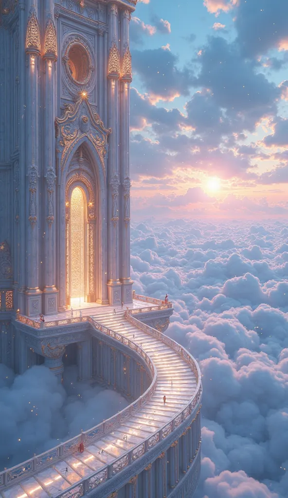 A hyper-realistic futuristic celestial city floating above an endless ocean of dense, luminous clouds. The sky is a deep, vibrant blue, resembling the rich depths of the ocean, illuminated by divine, radiant light. Wisps of violet, pink, and sapphire blend...