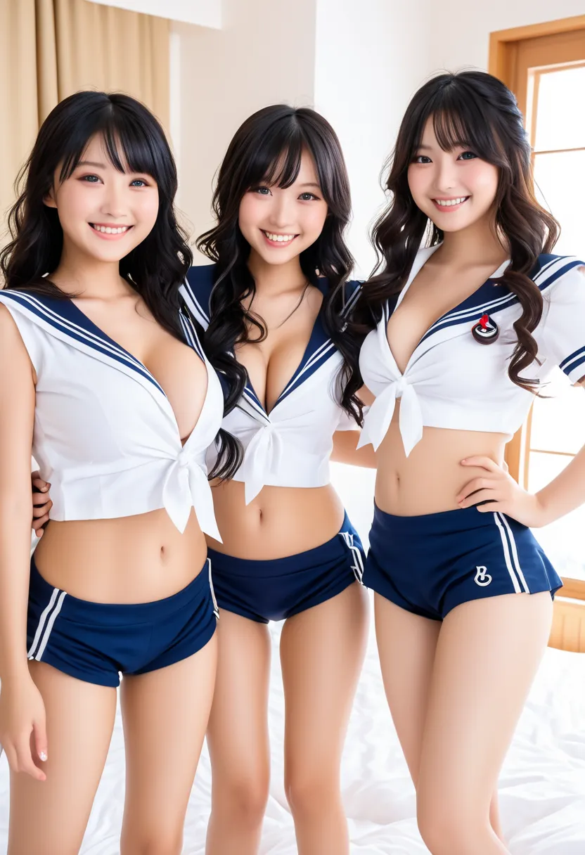 3 Girls in sailor suits, The mansion bedroom , (Girl A:Japanese girl with black hair。Belly Shortcuts, Bright smile is characteristic, 胸はbカップくらい), (女の子b:Pretty fat Japanese girl,  black hair long hair, L Cup Big Breasts and Big Butts), (Girl C:Blonde and bl...