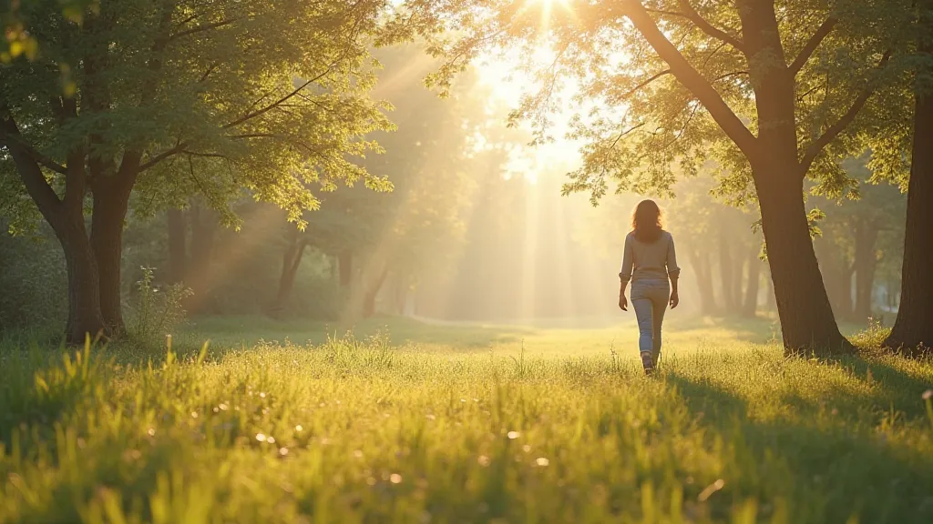 A serene landscape with soft, gentle sunlight, a calm breeze flowing through trees, and a person casually walking in light clothing. The environment feels peaceful and pleasant, evoking a sense of comfort.