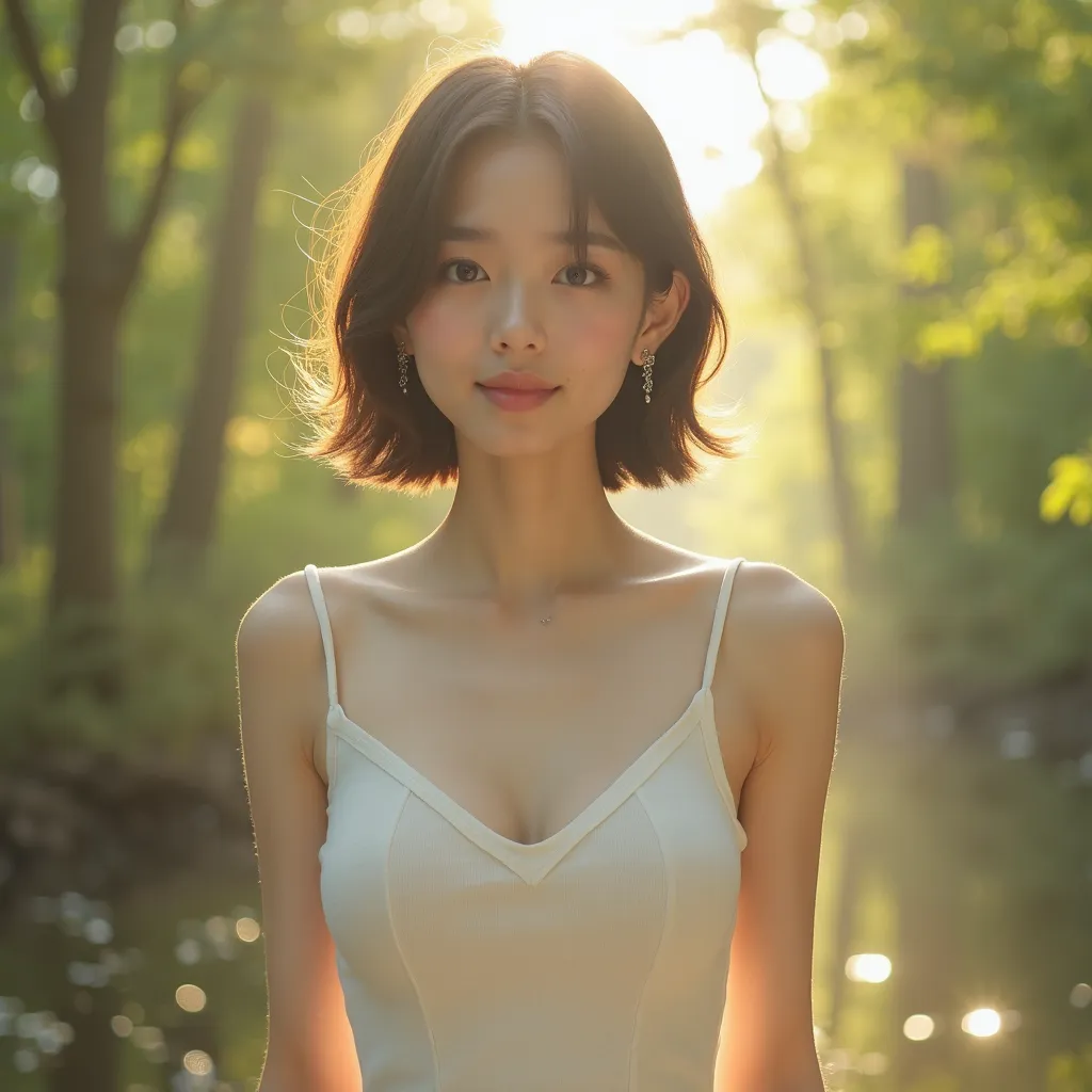 Photorealistic，Ultra High Precision，TOP QUALITY，TOP QUALITY，8k，RAW photo，very detailed， Ultra High Definition ，( very cute Japanese girl)，full body，1 person，facing the front， Early morning forest ， bright sunlight pouring in，backlight， White Simple Micro M...