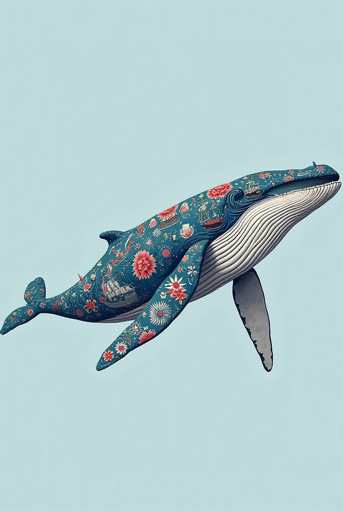 A majestic blue whale covered in intricate, highly detailed tattoo-style illustrations. The tattoos feature nautical elements such as ships, compasses, and sea creatures, intertwined with vibrant flowers and ornamental patterns. The whale’s body seamlessly...