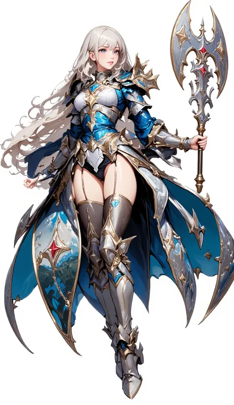 (Masterpiece:1.5,Top Quality:1.3,Amazing Quality:1.3), (Anime Character), ((nsfw)), Solo, Full Length, Chiara, 1 Girl, ((Sexy cute woman:1.5)), White Skin, Silver Gauntlets, Silver Boots, Western Armor, Shining Clothes, gleaming decorations, ((with big axe...
