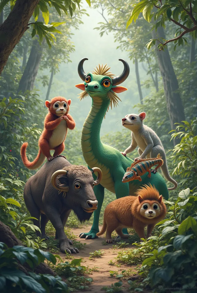 An image of Manda with Buffalo, mono, chameleon, capybara, Salamander and a raccoon 