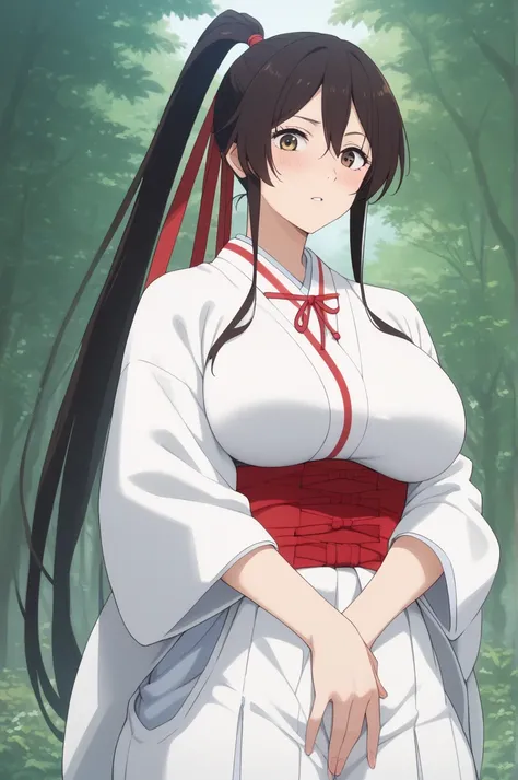 ((((MASTERPIECE)))), best quality, 1 girl, solo,huge breasts,big ass,sagiri yamada asaemon, long hair, black hair, ponytail, high ponytail, brown eyes,japanese clothes, kimono, hakama ,Beautiful attention to detail:1.2, (perfect hand, perfect anatomy), sup...