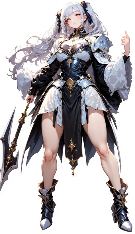 (Masterpiece:1.5,Top Quality:1.3,Amazing Quality:1.3), (Anime Character), ((nsfw)), Solo, Full Length, Chiara, 1 Girl, ((Sexy cute woman:1.5)), White Skin, Silver Gauntlets, Silver Boots, Western Armor, Shining Clothes, gleaming decorations, ((with big axe...