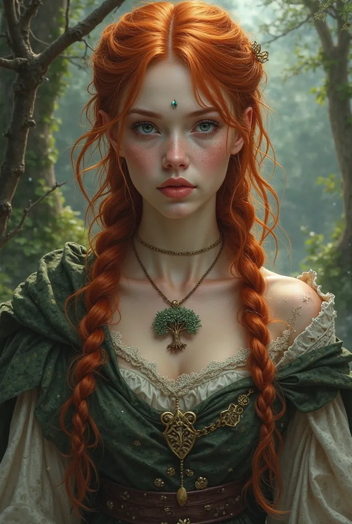 A red-haired woman with not pale skin, medieval clothes and braids in her hair a large coat on top and a tree necklace around her neck 