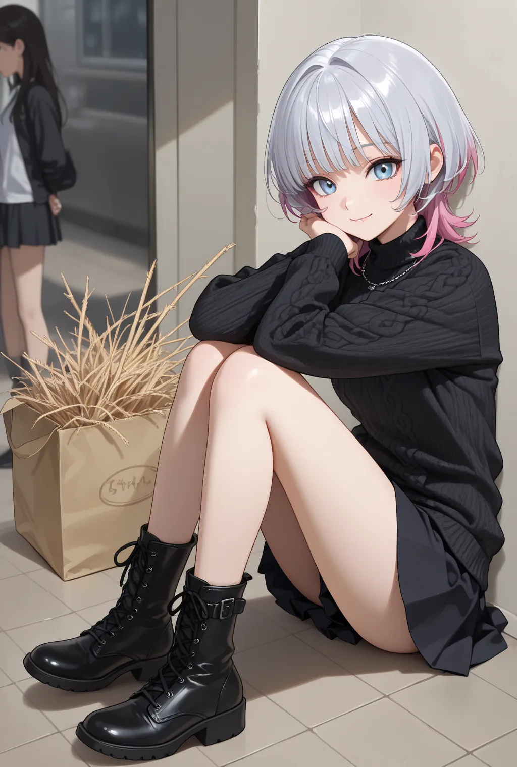   masterpiece,  top quality made of straw ,  top quality made of straw,  Highest Image,  high quality,  detailed background, ((focus on the upper body,  face)), ((one girl,1 person)), brilliant silver hair, bangs only dark pink, Partly pink hair, Only the ...