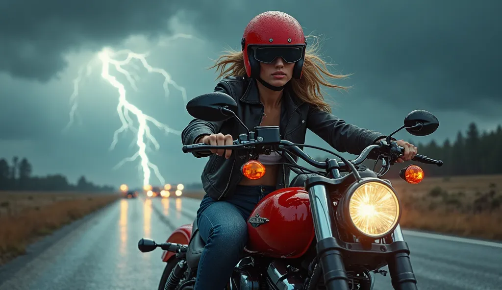 Side view of a 20 year old girl with long hair, wearing a red helmet, riding a (Red shiny Harley Davidson Fatboy 114) motorcycle, looking out onto a stormy highway with thunderstorms. Lightning in the background looking sky and wet highway reflections.