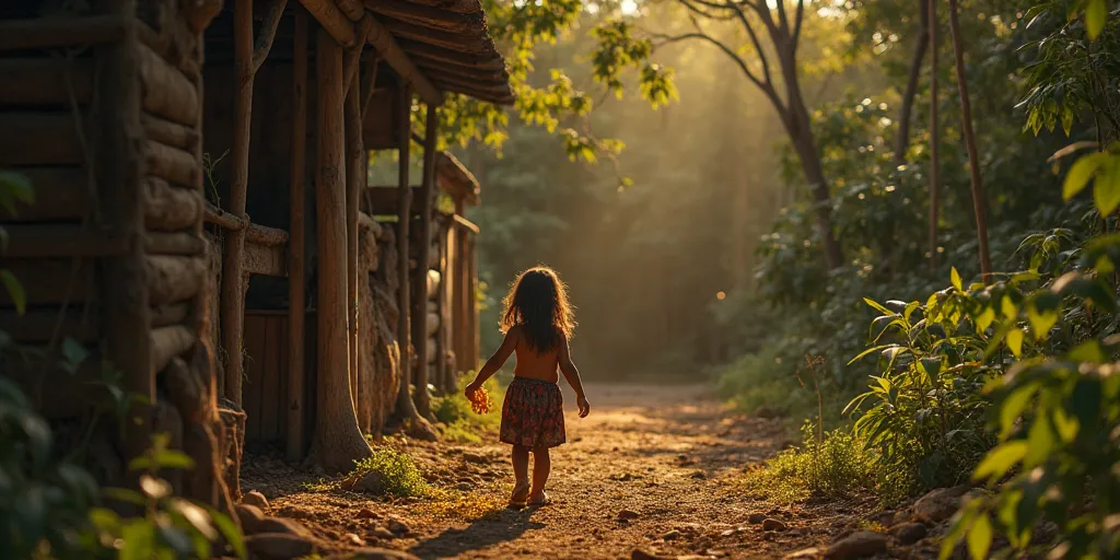 A young Botocudo girl, with long, wild hair, is seen quietly approaching a rustic cattle pen. The scene is bathed in soft, golden light from the setting sun, casting long shadows over the wooden structure. She gently reaches out to collect a handful of cor...