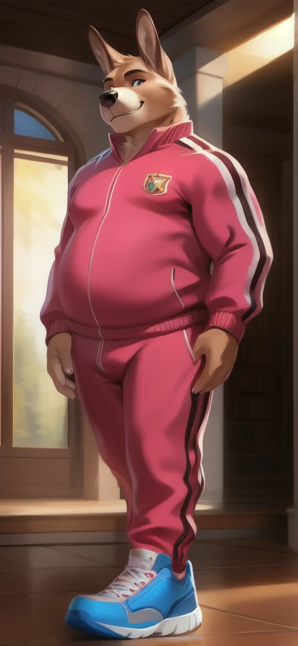 Solo, male Tall​ ,huge​ body​,​ standing​ ,den , bear kangaroo ​,pink Tracksuit soldier , Wear combat shoes, overweight, muscular, Smirking ​, by chunie