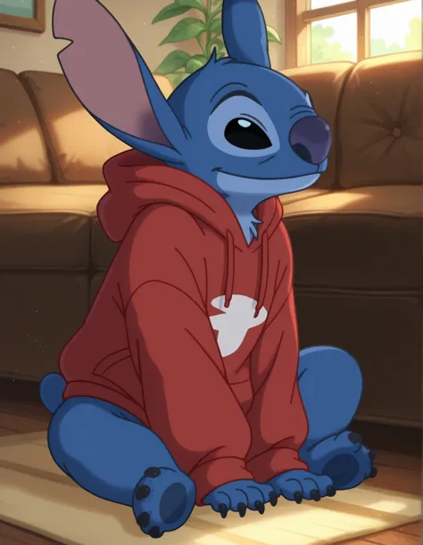 score_9, score_8_up, score_8, 1boy, stitch, black eyes, furry, sitting on couch, living room, window, detailed background, Red hoodie sweatshirt