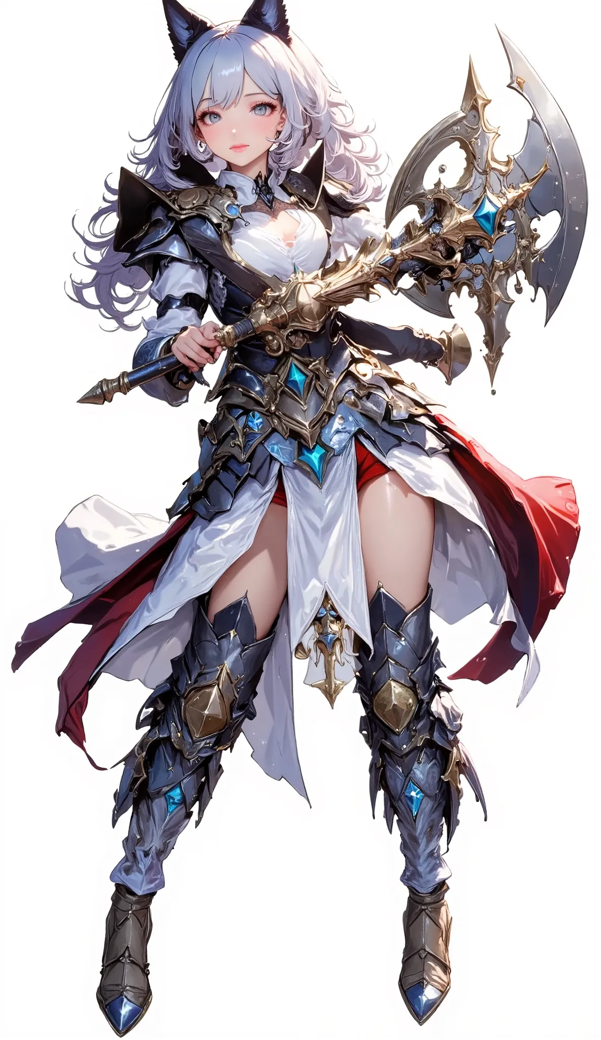 (Masterpiece:1.5,Top Quality:1.3,Amazing Quality:1.3), (Anime Character), nsfw, Solo, Full Length, Chiara, 1 Girl, ((Sexy cute woman:1.5)), White Skin, Silver Gauntlets, Silver Boots, Western Armor, Shining Clothes, gleaming decorations, ((with big axe typ...