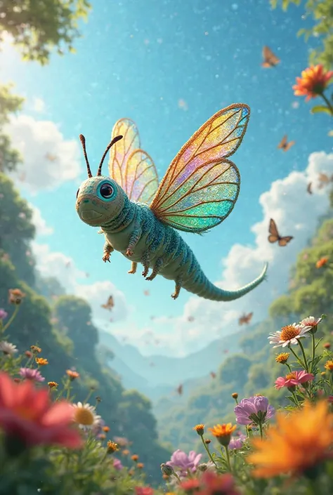 Create 3d animated image-• caterpillar Flying in the Sky: caterpillar flying high above the garden, his wings sparkling in the sunlight, as he glides joyfully between flowers, butterflies, and trees.