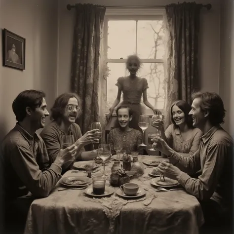 A black-and-white photograph of a family gathering inside a house. People are smiling, raising glasses, and chatting. But in the background, through the window, a tall and thin figure with an almost erased face can be seen watching. No one seems to notice ...