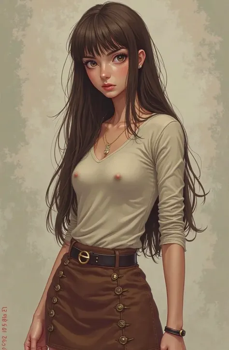  A  girl. tez blanca,  Long Straight Hair , brown-colored, short bangs. very pretty,  contortion;  measures 1,60. with an expression of displeasure . Wear a long sleeve t-shirt 3/4 and a skirt with buccaneers. It is from the current modern era..