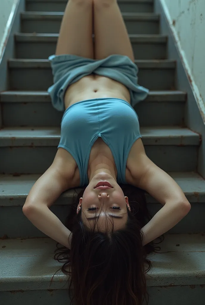 a woman lying upside down on a set of stairs, wearing a loose blue tank top, tumblr, an emo girl, belly, [ realistic photo ]!!, hi, photo taken from the top of the staircase, full body view,  