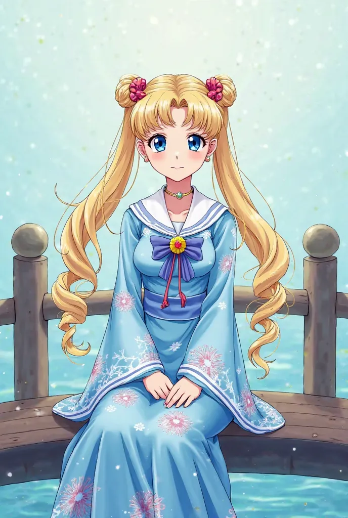 comics,  cartoon , anime, high resolution image, masterpiece,  best quality,  beautiful woman, 25 years old,  Linda way,  light leather balcony, long shiny blond hair tied in two pigtails in the shape of odangos (  sailor moon hairstyle ), Ultra detailed b...