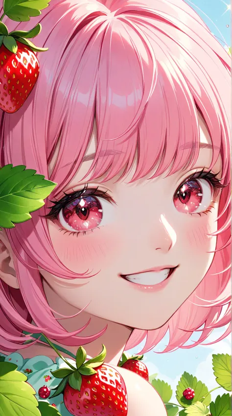 (Extreme close-up, Face-focused portrait)) A close-up portrait of a cheerful, strawberry-themed girl with bright, sparkling pinkish-red eyes. Her short, bouncy hair resembles strawberry leaves, adorned with small berry-like accessories. She has a playful, ...