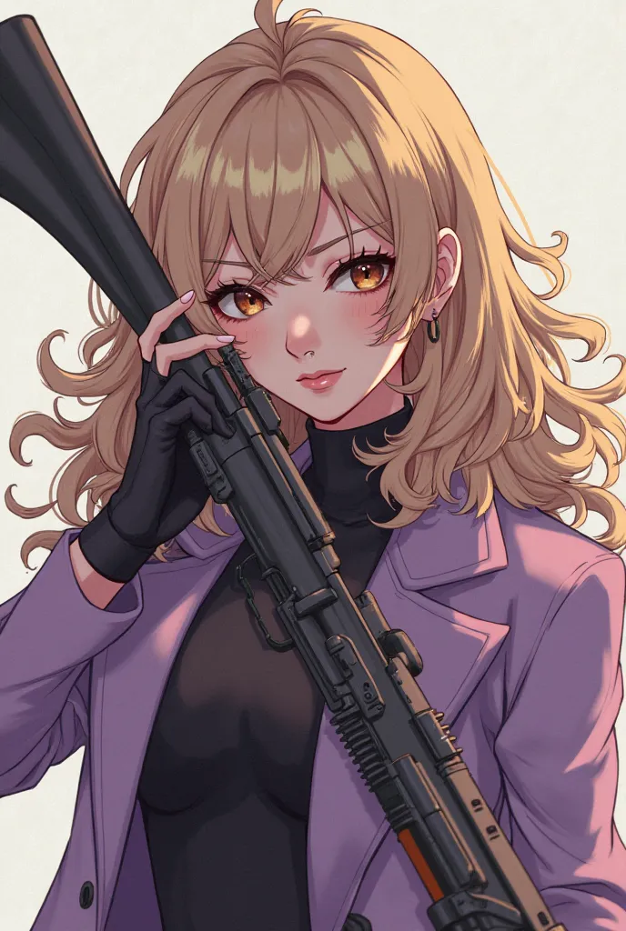 A woman with curly-haired rifle with loose blonde lights, brown eye color and lilac coat with nose piercing anime style 